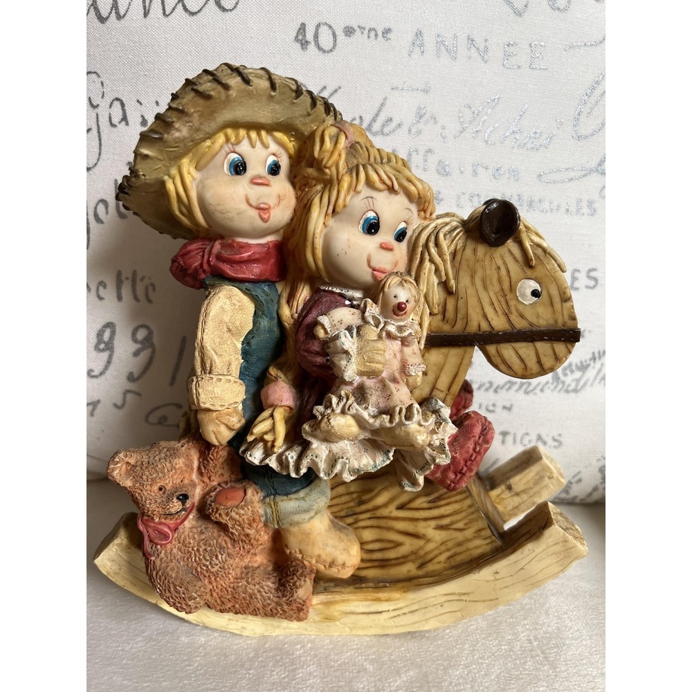 Vintage Style Country Children Rocking‎ Horse Coin Bank Resin Teddy Bear Rustic